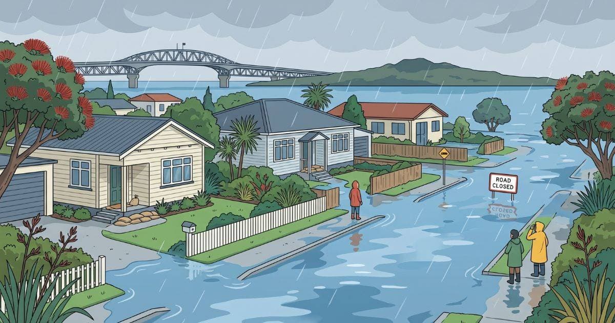 An Auckland residential street, illustrating the decision to buy a flood-mapped home at a discount